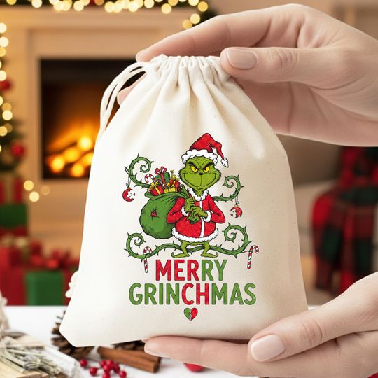 Merry Grin Drawstring Sack, Funny Xmas Party Favors, Holiday Gift Wrapping, Reusable Cotton Treat Bag, Green Monster Decor Pouch