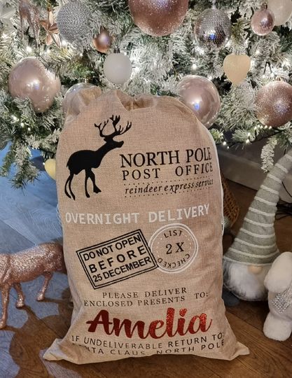 Luxury Personalised Christmas Santa Sack, Custom Jute North Pole Post Office Mail Christmas Gift Bag, Large Personalised Holiday Gift Sack