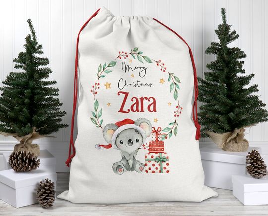 Discover Personalised Santa sack, Koala Christmas sack, Christmas Keepsake, Christmas decor, Christmas bag, Drawstring Bag, Aussie animals