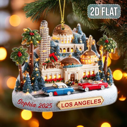 Discover Personalized Los Angeles Christmas Ornament 2025, 2D Flat Acrylic City Ornament with Vintage Cars, LA Skyline Holiday Keepsake Gift