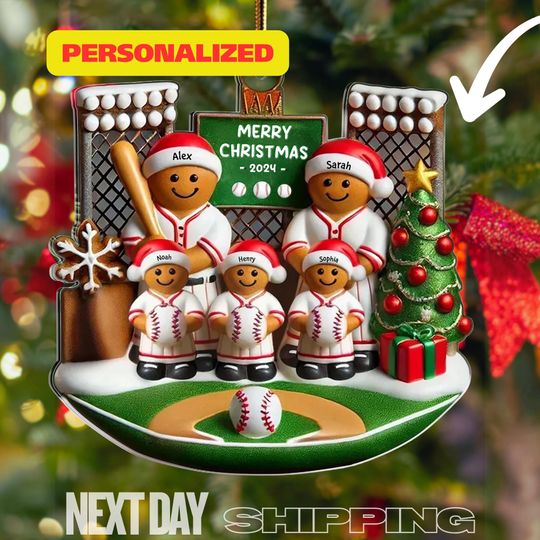 Discover Personalized Baseball Family Gingerbread Ornament: Custom Acrylic 2D Flat Baseball Lovers Gift, Up to 6 Members, Gingerbread Man Ornament