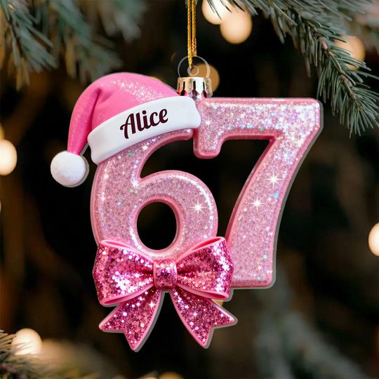 Personalized Gift  Custom 67 Ornament with Pink Croquette Bow, 3D Realistic Ceramic Crystal Amigurumi Glitter Christmas Ornament