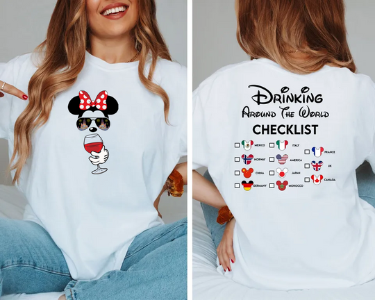 Mickey Beer Minnie Wine Front and Back, Drinking Around The World Shirt, Drinking Around The World Checklist, Disney Couple Shirts Gifts