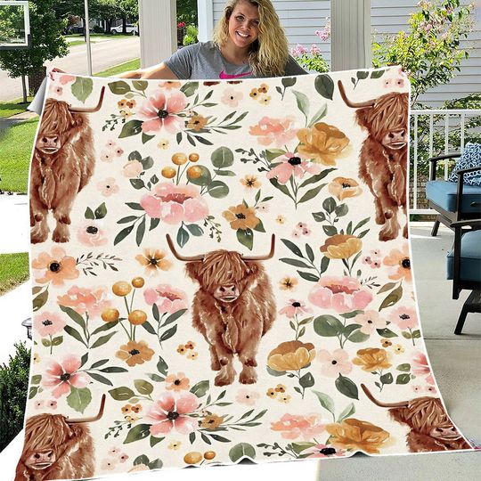 Floral Highland Cow Fleece Blanket