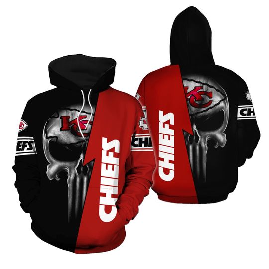 football Kansas Logo Punisher Skull Black Red 3D Hoodie, Gift For Fans, Christmas Gift