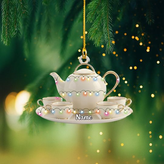 Discover Personalized Tea Set Christmas Ornament, Teacup & Teapot Ornament, Tea Lovers Ornament Gift, Faux Porcelain Tableware Ornament