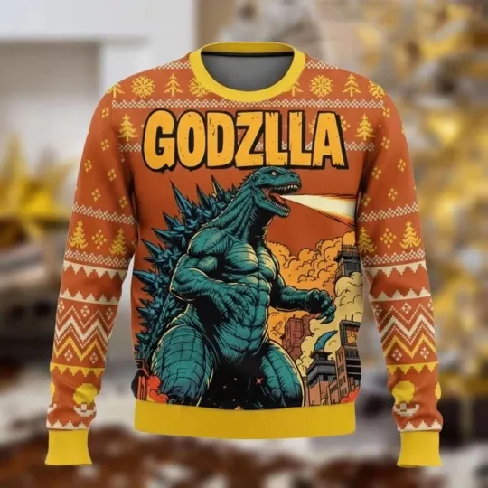 god zilla Ugly Xmas Sweater, Retro King of Monsters Family Holiday Jumper