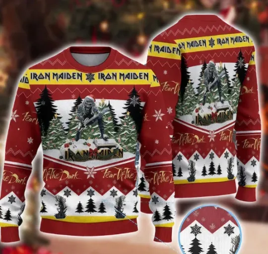 Discover Metal Band Christmas Sweater, Gothic Skull Tree Ugly Sweater, Red Black Holiday