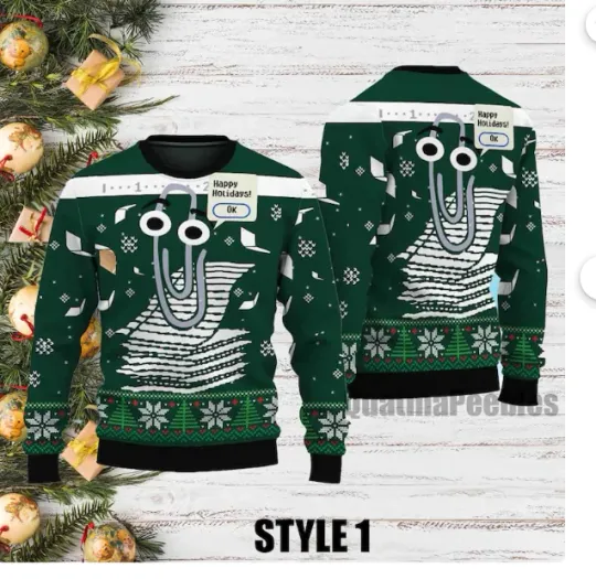 Discover Clippy Holiday Sweater All Over Printed Latest Holiday Green Ugly Christmas, Art