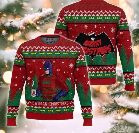 Discover Superhero Ugly Christmas Sweater, Funny Comic Book Holiday Gift, Dark Knight Xma