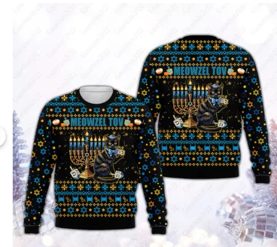 Meowzel Tov Ugly Hanukkah Sweater, Cat Menorah Hanukkah Sweatshirt