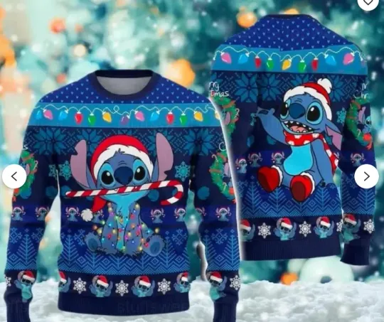 Discover Stitch Disney Christmas Sweater, Cute Blue Alien Christmas Sweater, Ugly Holiday
