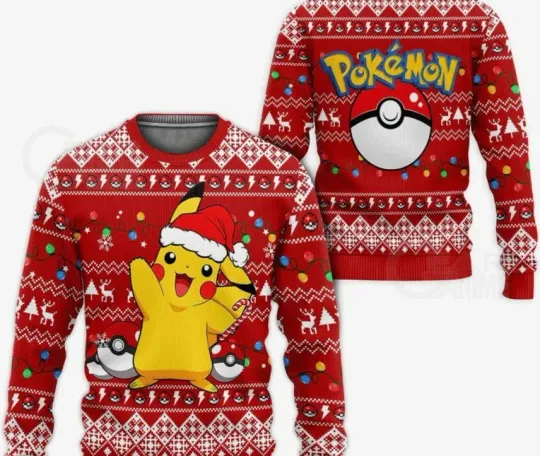 Pika PKM Christmas Sweater, Pika Poket mons Ugly Christmas Sweater