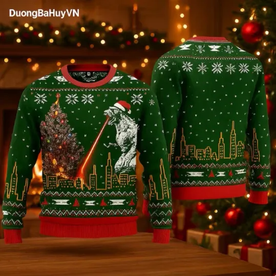 god zilla Laser Beam Ugly Christmas Sweater, Funny Monster Holiday Pullover
