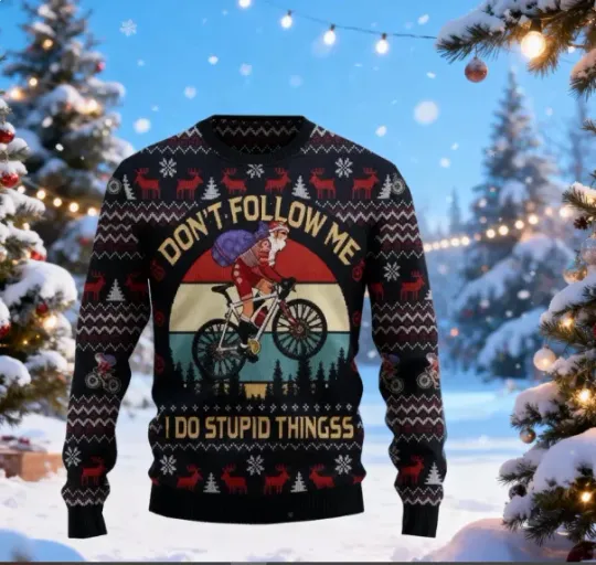 Discover Santa Bike Ugly Holiday Sweater, Funny Cycling Ugly Christmas Sweater, Don’t Fol