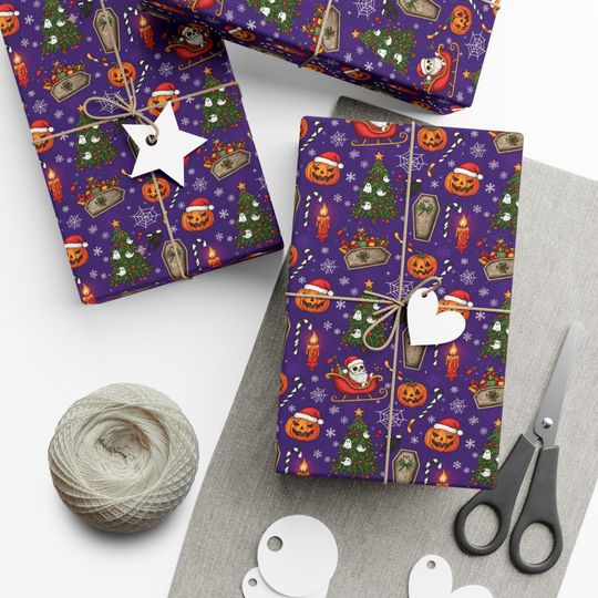 Discover Christmas x Halloween Gift Wrap Paper | Jack-o'-Lanterns, Ghosts, Trees