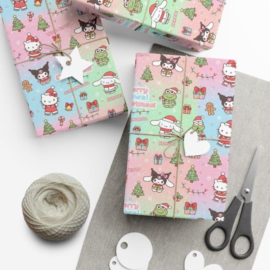 Kawaii Christmas Characters Gift Wrap | Hello Kitty Sanrio Holiday Pattern