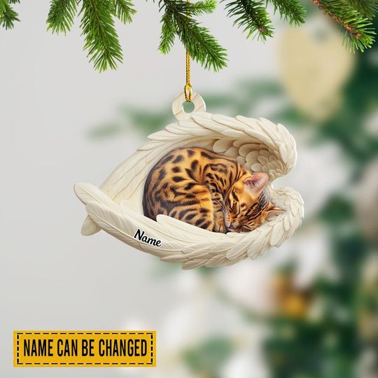 Discover Personalized Bengal Cat Angel Wings Ornament, Sleeping Cat Memorial Keepsake, Pet Loss Remembrance Gift for Cat Lovers, Cat Mom Gift