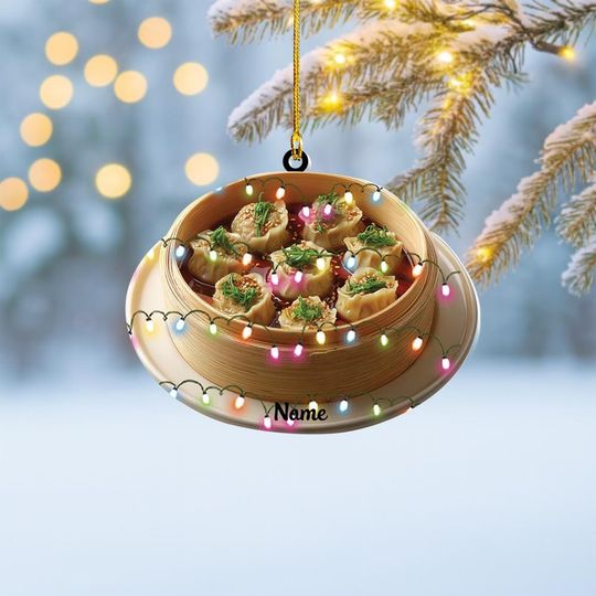 Personalized Steamed Dumpling Christmas Ornament, Dumplings Ornament, Dim Sum Ornament, Bamboo Steamer, Food Holiday Ornament