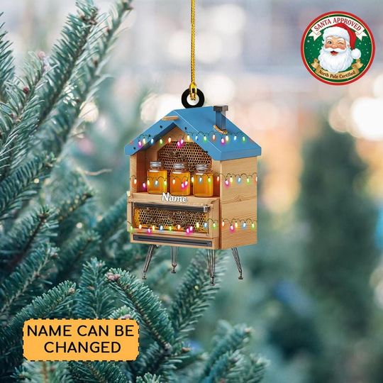 Personalized Beehive Box Christmas Ornament, Honey Bee Ornament, Honeycomb Ornament Decor, Beekeeper Ornament, Honeybee Lovers Gift