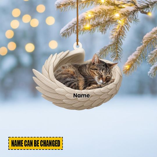 Personalized Domestic Shorthair Cat Sleeping Angel Wings Ornament, Cat Christmas Ornament Decor, Cat Xmas Gift