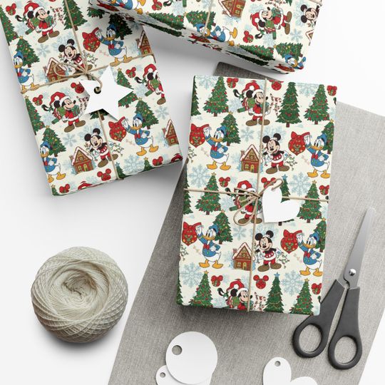 Discover Mickey mouse Disney Characters Gift Wrap Paper | Holiday Tree Santa Pattern