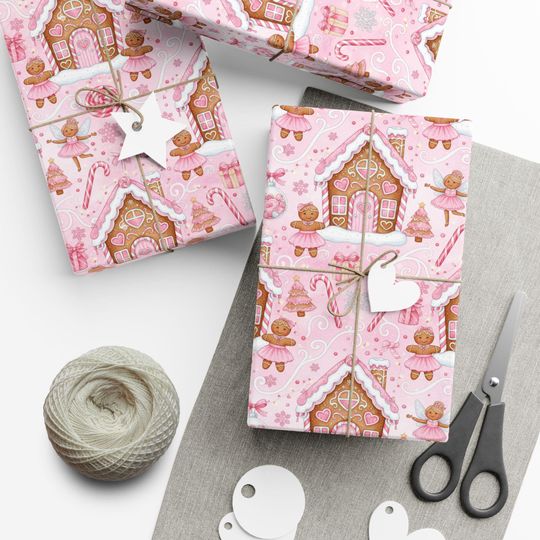 Discover Gingerbread House Pattern Gift Wrap, Pink Holiday Wrapping Paper Roll