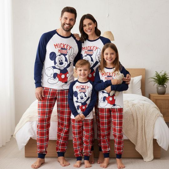 Discover Mickey Mouse Family Pajamas, Mickey Long Pajamas, Red Plaid Long Tee & Pants PJs, Family Matching Pajamas Set, Pajama Family Gift