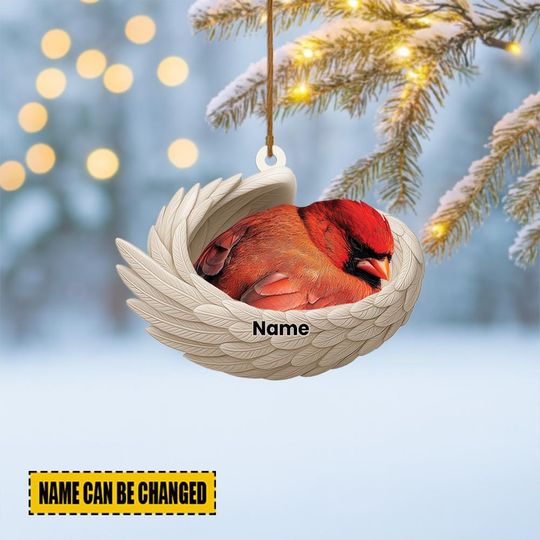 Personalized Red Cardinal Sleeping Angel Wings Ornament, Cardinal Christmas Ornament Decor, Pet Xmas Gift