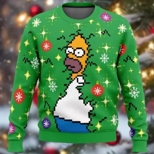 Pixel Homer Simpson Christmas Sweater Funny Meme Ugly Holiday Jumper Green
