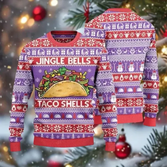 Funny Taco Christmas Sweater Jingle Bells Taco Shells Ugly Holiday Jumper