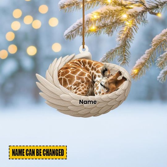 Personalized Giraffe Sleeping Angel Wings Ornament, Giraffe Christmas Ornament Decor, Giraffe Xmas Gift