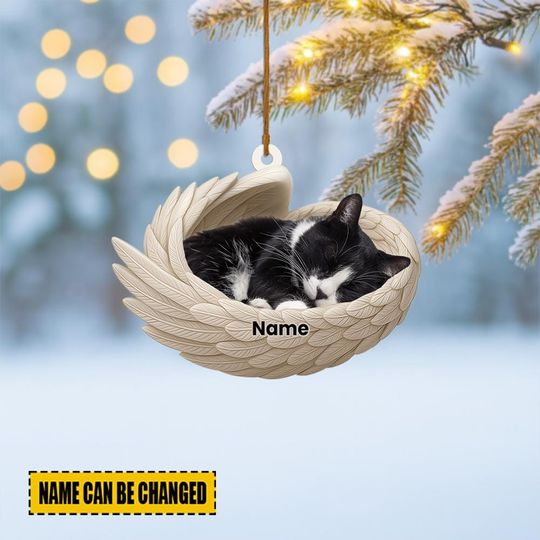 Discover Personalized Tuxedo Cat Sleeping Angel Wings Ornament, Tuxedo Cat Christmas Ornament Decor, Cat Car Ornament, Cat Xmas Gift ID-1031-HO9M