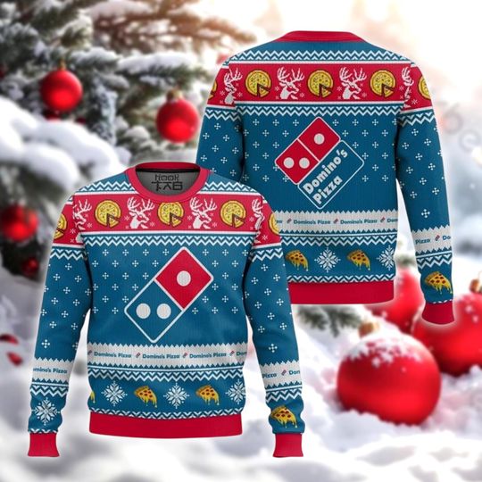 Discover Pizza Ugly Christmas Sweater, Fast Food Holiday Jumper, Funny Foodie Xmas Party Outfit, Blue and Red Christmas Gift for Food Lover