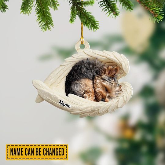 Personalized Morkie Dog Angel Wings Ornament, Sleeping Dog Memorial Keepsake, Pet Loss Remembrance Gift for Dog Lovers