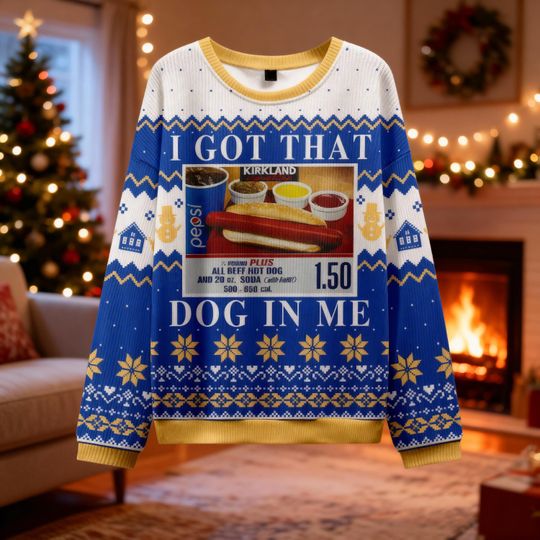 Sarcastic Hot Dog Ugly Christmas Sweater I Got That Dog In Me Meme Blue White Knit Apparel
