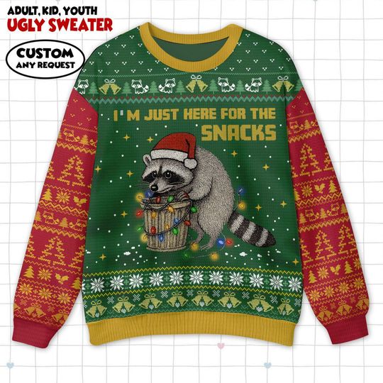 Discover Christmas Raccoon Ugly Sweater, Funny Snack Lover Print Sweater, Xmas Sweater, Holiday Gift