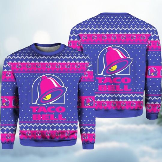 Taco Bell Christmas Sweater, Funny Fast Food Holiday Jumper, Purple Logo Ugly Xmas Knit Pullover, Food Lover Festive Gift for Him Her