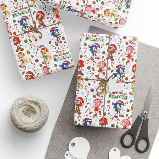 Discover Personalized Sonic-Inspired Christmas Wrapping Paper | Custom Name Gift Wrap | Kids Holiday Gift Wrap | Festive Video Game Wrapping Paper