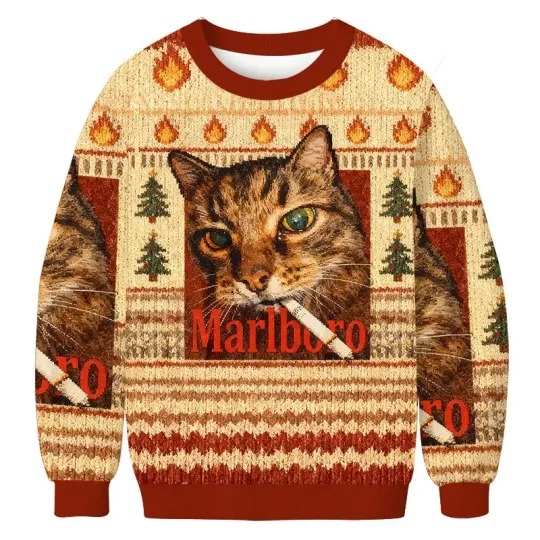 Discover Funny  Marlboro Smoking Cat Meme Ugly Christmas Sweater, Christmas Ugly Sweater