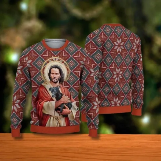 Discover Funny Holy Dog Lover Ugly Christmas Sweater, Saint Meme Holiday Sweater
