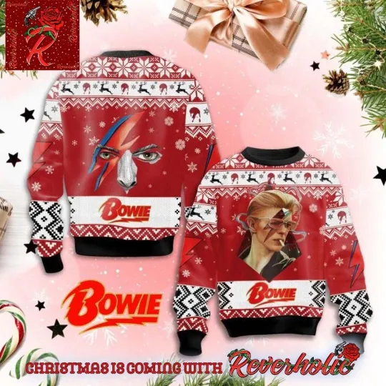 Discover David Bowie Face Knitted Red Ugly Christmas Sweater