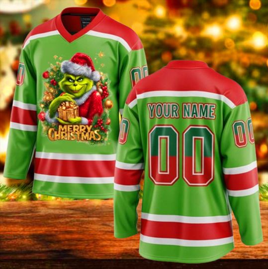 Discover Personalized Merry Grin funny character Jersey, The funny character Christmas Hockey Jersey, Custom Name funny character Family, Funny funny character Hockey Jersey