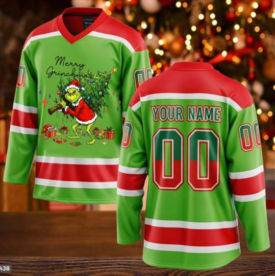 Personalized Christmas Hockey Jersey with Funny Character and Custom Family Name