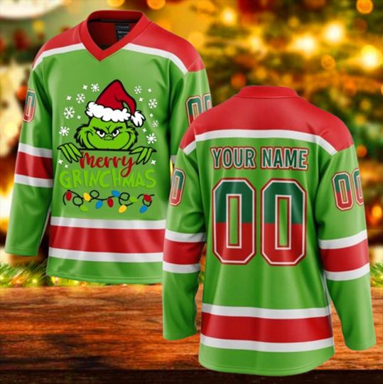 Personalized Merry Grin Funny Character Christmas Hockey Jersey for Men