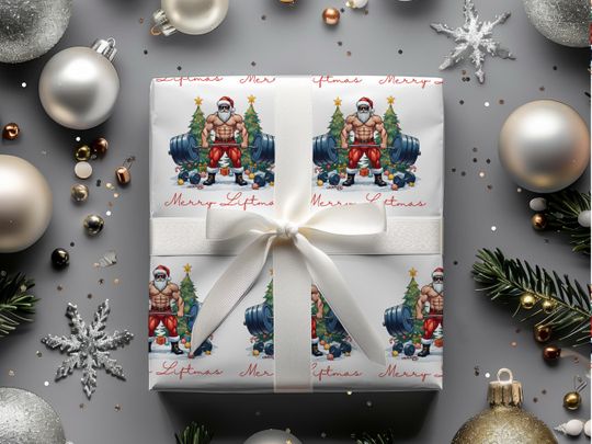 Discover Merry Liftmas Wrapping Paper, Funny Weighlifting Christmas Gift Wrap Weightlifter, Weight Lifting Giftwrap, Buff Santa Wrapping Paper Men