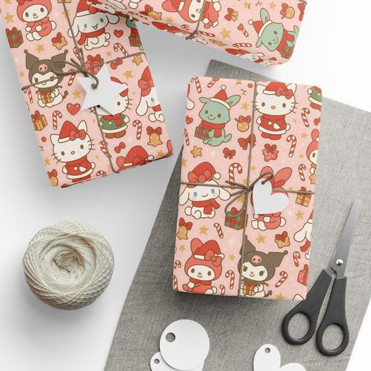 Christmas Wrapping Papers, Kawaii Sanrio-Inspired Gift Wrap for Holidays, Hello Kitty, My Melody, Cinnamoroll, Kuromi Design, Cute Festive