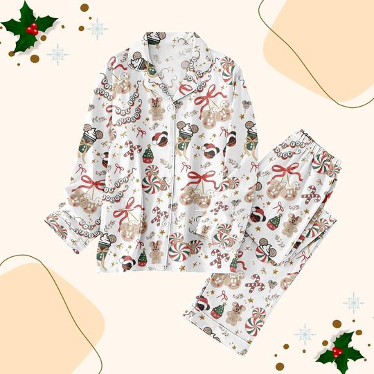 Discover Retro Mickey Christmas Ear Pajamas Set, Disney Coquette Women Pajamas, Magic Kingdom Christmas Holiday Pajamas, Disney Vacation Pjs