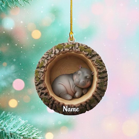 Discover Personalized Hippopotamus Christmas Ornament, Hippopotamus Tree Trunk Ornament Lovers Xmas Gift, Hippo Tree Hollow Ornament Decor Thdso-2647