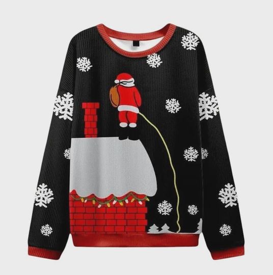Discover Funny Santa on Roof Christmas Sweater Naughty Humor Holiday Pullover Black Red